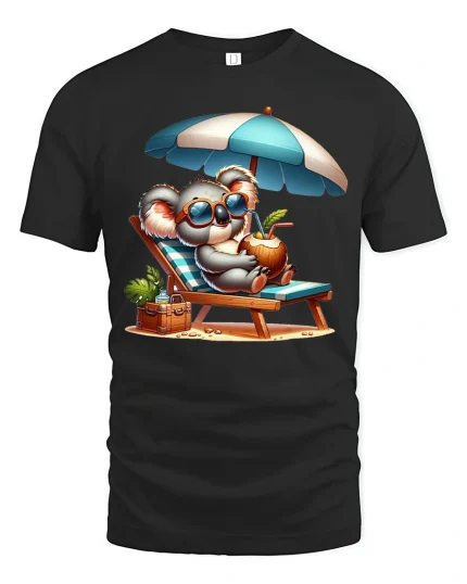 Chill Beach Koala Vacation Vibes Summer Relaxation Tee - black t-shirt on white background