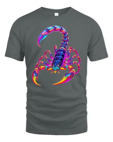 Psychedelic Neon Scorpion Art Tee for Bold Streetwear Style Lovers - gray t-shirt on white background