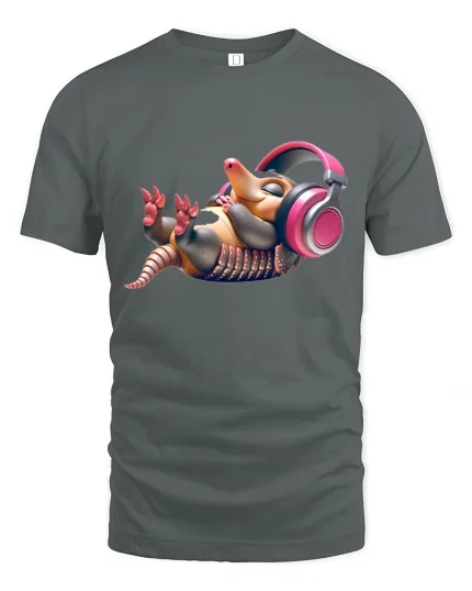 Cute Relaxing Armadillo Listening to Music Funny Chill Tee - gray t-shirt on white background