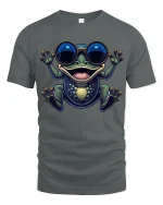 Funny Retro Frog Tee with Big Sunglasses Cute Amphibian Vibes - gray t-shirt on white background
