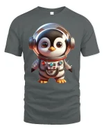 Cute Astronaut Penguin Adventure Graphic Tee for Space Lovers - gray t-shirt on white background