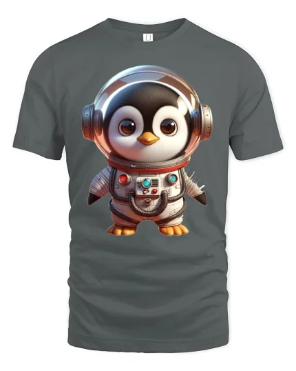 Cute Astronaut Penguin Adventure Graphic Tee for Space Lovers - gray t-shirt on white background
