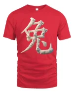 Cute Bunny Kanji Art Tee with Whimsical Rabbit Characters - red t-shirt on white background
