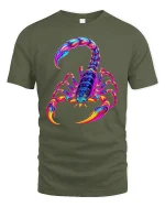 Psychedelic Neon Scorpion Art Tee for Bold Streetwear Style Lovers - military green t-shirt on white background