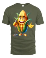 Funny Singing Corn Character Tee with Microphone Comedy Style - military green t-shirt on white background