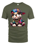 Hip Hop Puppy Swag Tee with Colorful Streetwear Graphic Art - military green t-shirt on white background