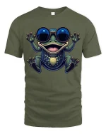 Funny Retro Frog Tee with Big Sunglasses Cute Amphibian Vibes - military green t-shirt on white background