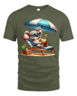 Chill Beach Koala Vacation Vibes Summer Relaxation Tee - military green t-shirt on white background