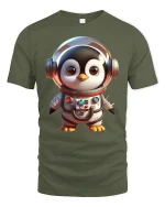 Cute Astronaut Penguin Adventure Graphic Tee for Space Lovers - military green t-shirt on white background