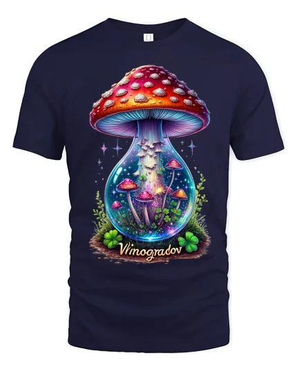 Mystical Galaxy Mushroom Terrarium Fantasy Art Tee Shirt - navy t-shirt on white background
