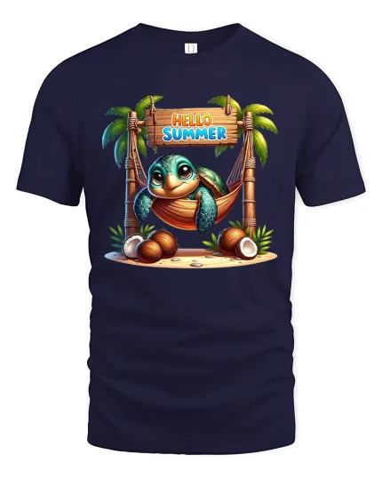 Hello Summer Tropical Turtle Hammock Relaxation Graphic Tee - navy t-shirt on white background