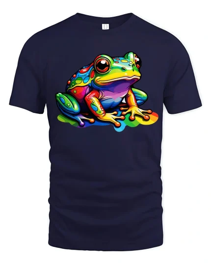 Vibrant Rainbow Frog Art Tee for Nature Lovers and Fun Style - navy t-shirt on white background