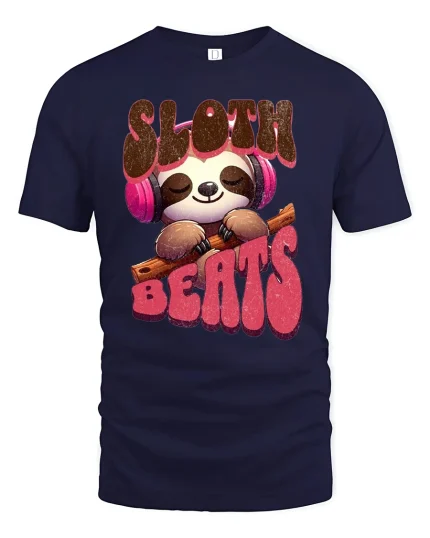 Chill Vibes Sloth Beats Music Lover Relaxed Retro Style Tee - navy t-shirt on white background