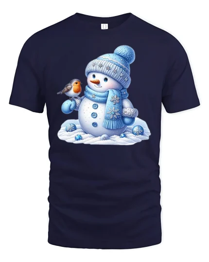 Charming Winter Snowman and Robin Friends Holiday Tee Art Print - navy t-shirt on white background
