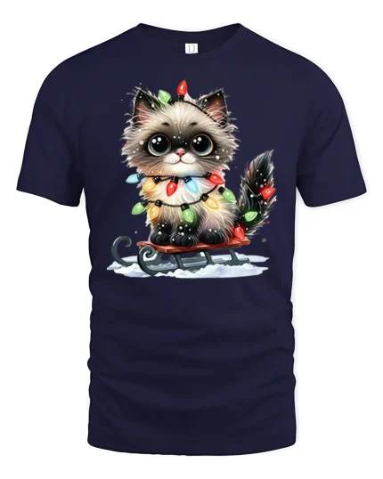 Adorable Christmas Lights Cat Tee for Holiday Cheer Lovers - navy t-shirt on white background