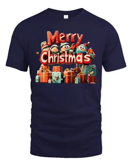 Festive Merry Christmas Gifts and Elves Celebration Holiday Tee - navy t-shirt on white background