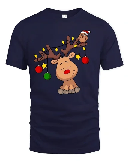 Funny Christmas Reindeer T-Shirt with Cute Holiday Lights Design - navy t-shirt on white background