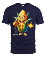 Funny Singing Corn Character Tee with Microphone Comedy Style - navy t-shirt on white background