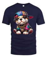 Hip Hop Puppy Swag Tee with Colorful Streetwear Graphic Art - navy t-shirt on white background