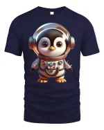 Cute Astronaut Penguin Adventure Graphic Tee for Space Lovers - navy t-shirt on white background