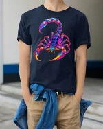 Psychedelic Neon Scorpion Art Tee for Bold Streetwear Style Lovers - model wearing navy tee with hands in pockets