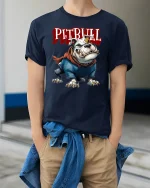 Fierce Pitbull Warrior Graphic Tee for Dog Lovers and Street Style Fans - model wearing navy tee with hands in pockets