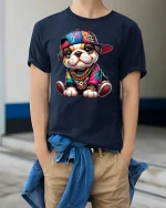 Hip Hop Puppy Swag Tee with Colorful Streetwear Graphic Art - model wearing navy tee with hands in pockets