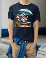 Chill Beach Koala Vacation Vibes Summer Relaxation Tee - model wearing navy tee with hands in pockets