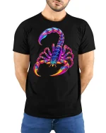 Psychedelic Neon Scorpion Art Tee for Bold Streetwear Style Lovers - model wearing black tee with hands behind back