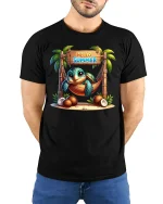 Hello Summer Tropical Turtle Hammock Relaxation Graphic Tee - model wearing black tee with hands behind back