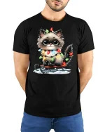 Adorable Christmas Lights Cat Tee for Holiday Cheer Lovers - black t-shirt in nature background wearing by model
