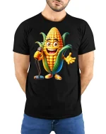 Funny Singing Corn Character Tee with Microphone Comedy Style - model wearing black tee with hands behind back