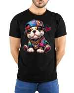 Hip Hop Puppy Swag Tee with Colorful Streetwear Graphic Art - model wearing black tee with hands behind back