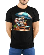 Chill Beach Koala Vacation Vibes Summer Relaxation Tee - model wearing black tee with hands behind back