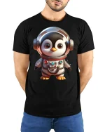 Cute Astronaut Penguin Adventure Graphic Tee for Space Lovers - model wearing black tee with hands behind back