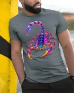 Psychedelic Neon Scorpion Art Tee for Bold Streetwear Style Lovers - model wearing grey tee, leaning on column