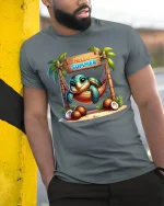 Hello Summer Tropical Turtle Hammock Relaxation Graphic Tee - model wearing grey tee, leaning on column