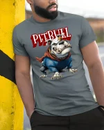 Fierce Pitbull Warrior Graphic Tee for Dog Lovers and Street Style Fans - model wearing grey tee, leaning on column