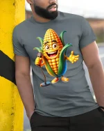 Funny Singing Corn Character Tee with Microphone Comedy Style - model wearing grey tee, leaning on column