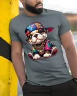 Hip Hop Puppy Swag Tee with Colorful Streetwear Graphic Art - model wearing grey tee, leaning on column