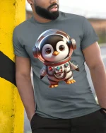 Cute Astronaut Penguin Adventure Graphic Tee for Space Lovers - model wearing grey tee, leaning on column