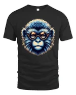 Geeky Blue Monkey Art Tee with Retro Glasses - black t-shirt on white background