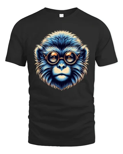 Geeky Blue Monkey Art Tee with Retro Glasses - black t-shirt on white background