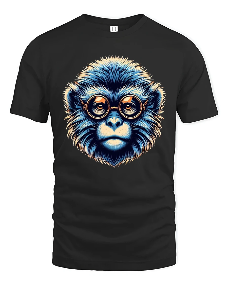 Geeky Blue Monkey Art Tee with Retro Glasses - 1 Geeky Blue Monkey Art Tee with Retro Glasses - black t-shirt on white background