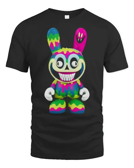 Psycho Drip Bunny Art Tee - Colorful Creepy Cute Graphic Tshirt - black t-shirt on white background