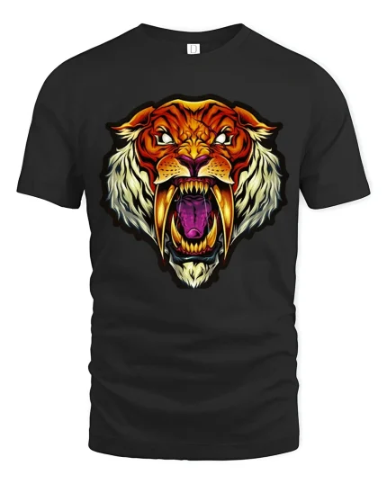 Fierce Sabertooth Tiger Art Tee - Bold Wild Beast Graphic Tshirt - black t-shirt on white background