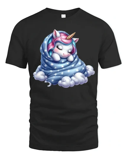 Sleeping Unicorn Wrapped in Stars Tee - Cute Dreamy Graphic Tshirt - black t-shirt on white background