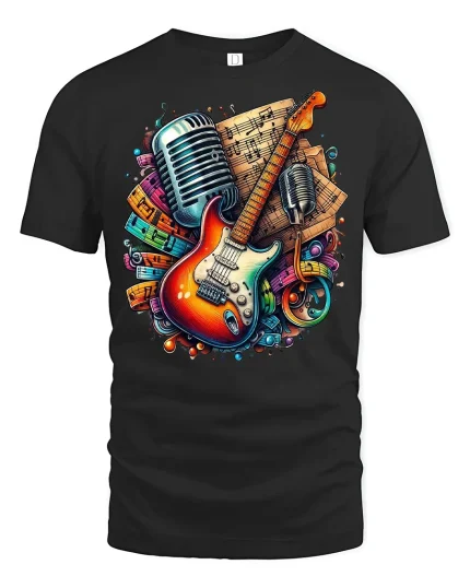 Retro Guitar and Microphone Music Tee - Vibrant Rock Graphic Tshirt - black t-shirt on white background