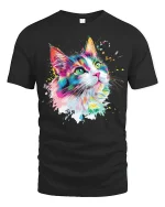 Color Splash Cat Art Tee - Vibrant Painterly Feline Graphic Tshirt - black t-shirt on white background