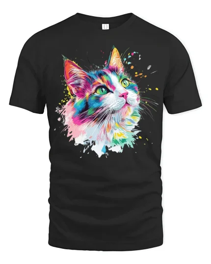 Color Splash Cat Art Tee - Vibrant Painterly Feline Graphic Tshirt - black t-shirt on white background